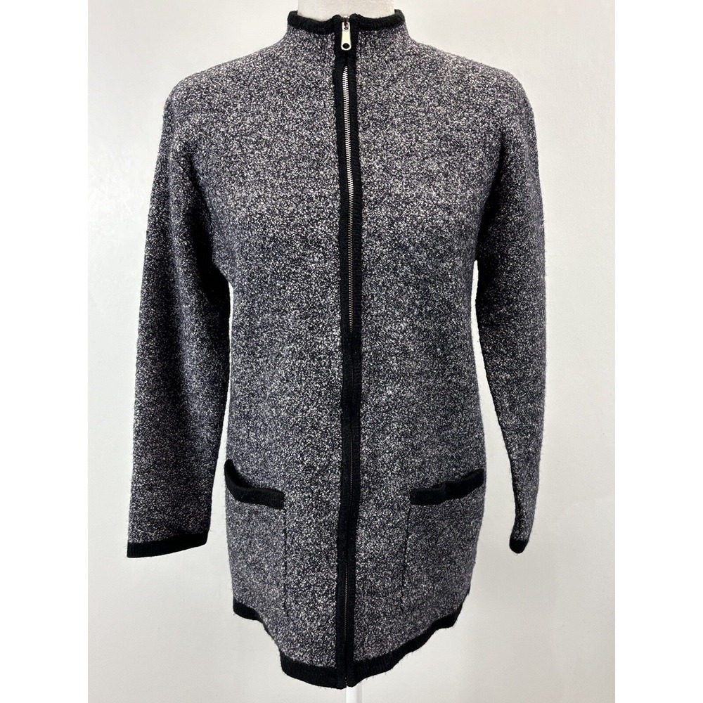 Chicos Designs Knit Sweater Cardigan Sz Small Full Zip Grey Black Trim